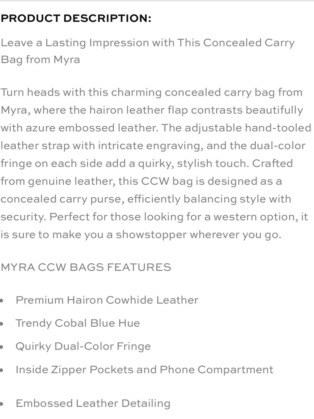 Myra Cobal Blue Concealed Carry Hairon Calf Hair Leather Crossbody Fringe - Picture 6 of 7